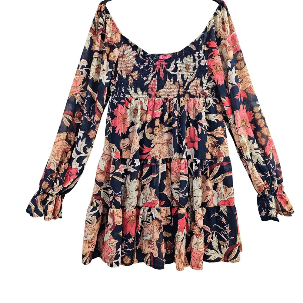 Flying Tomato Smocked Floral Mini Dress Womens L Bohemian Cottagecore Tiered EUC